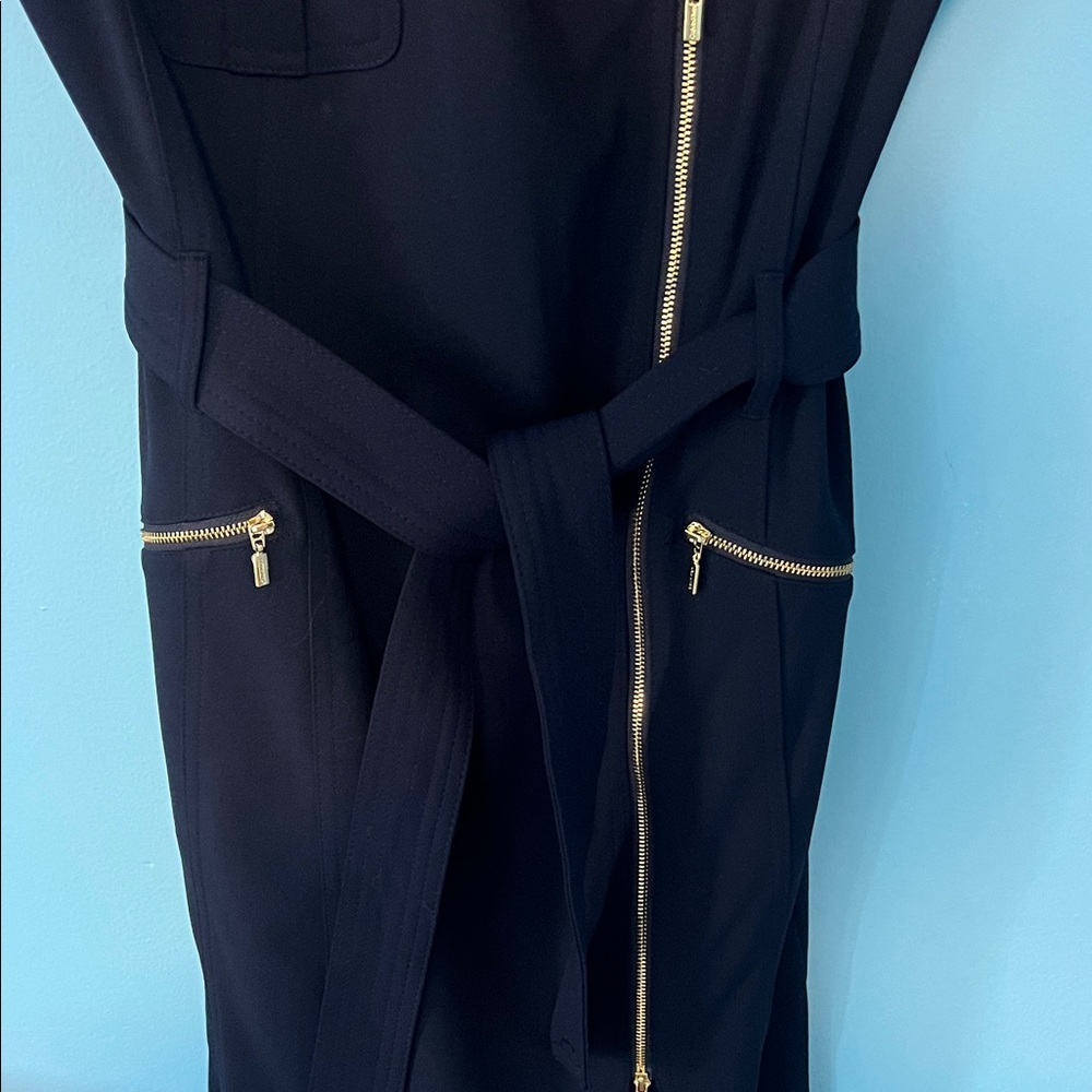 Calvin Klein Navy Sleeveless Moto Midi Dress with Gold Hardware - Picture 4 of 5